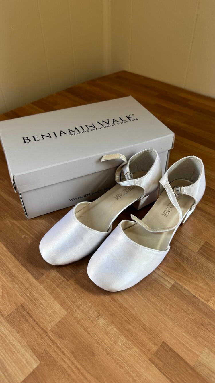 Touch Ups by Benjamin Walk "Clarissa" White Satin Low Block Heel Pumps